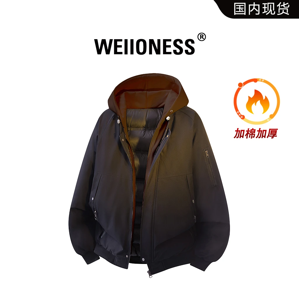 WEIIONESS假两件棉服男冬季情侣宽松美式休闲外套设计感连帽棉衣