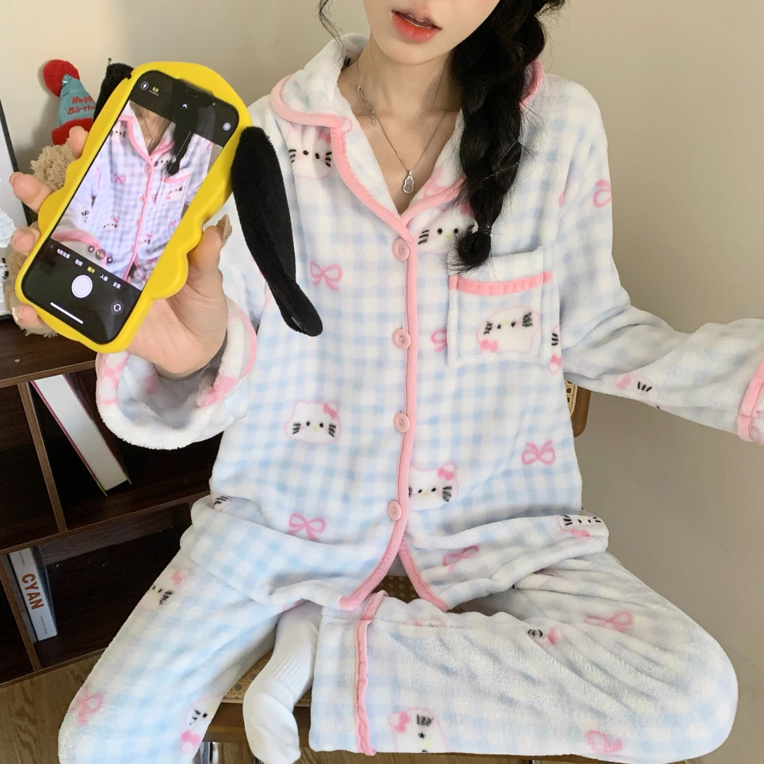 珊瑚绒睡衣女冬季加绒加厚保暖法兰绒甜美卡通可爱少女家居服套装