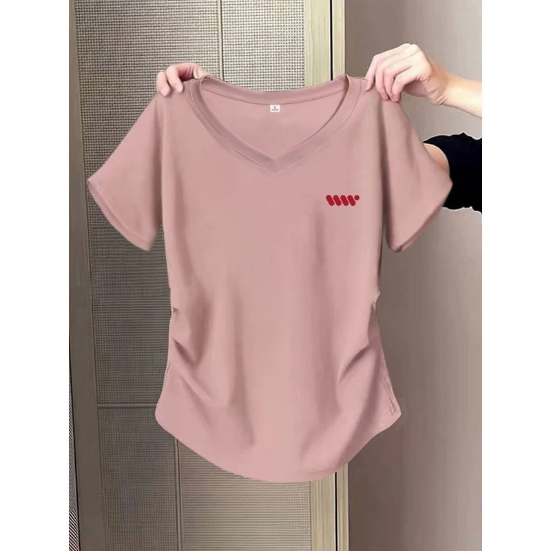 时尚正肩V领短袖t恤女装2025新款修身显瘦百搭减龄褶皱收腰上衣服