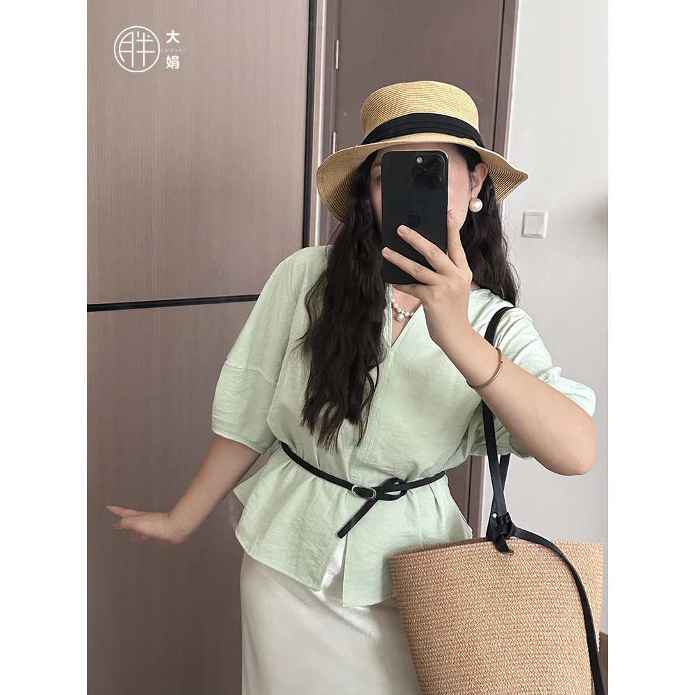 【薄荷衬衫】胖大娟韩系ins简约复古v领泡泡袖上衣设计感显瘦
