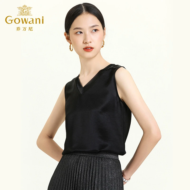 乔万尼商场春装新款上衣柔软干爽V领拼接网纱顺滑黑色背心ES3H583