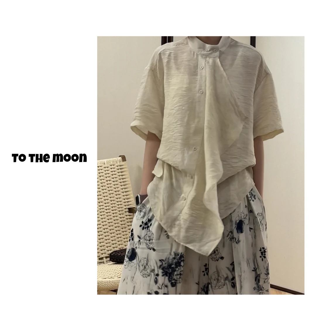 UpSd 原创【雪月风花】荡领开叉麻料显瘦休闲宽松圆领简约短袖衬衫