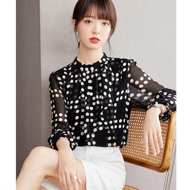 哥家商场同款2025早秋新款百搭遮肚子显瘦小个子款波点衬衫女上衣
