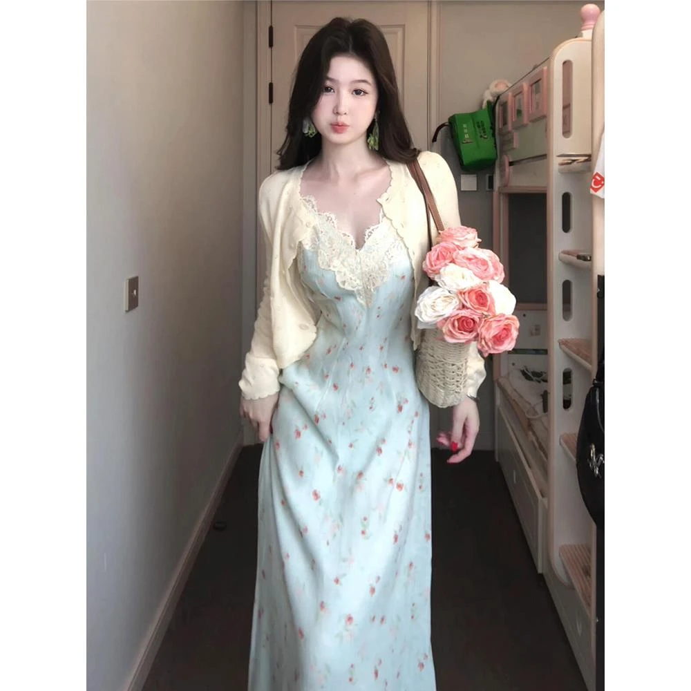 纯欲风蕾丝拼接v领碎花吊带连衣裙子女春季海边度假长裙黄色开衫B