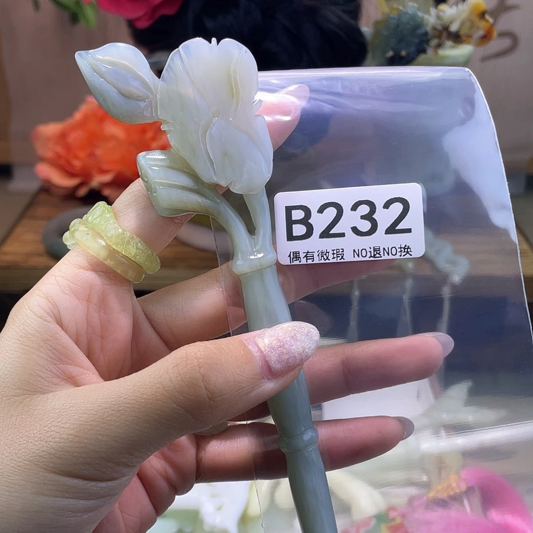 蛇纹石玉发饰银S925镀金镶嵌雪*