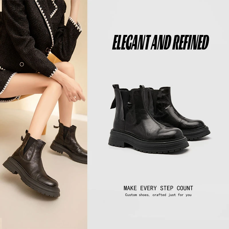 【暴走靴】刘多多女鞋手抓皱皱羊皮休闲时尚百搭厚底增高切尔西靴