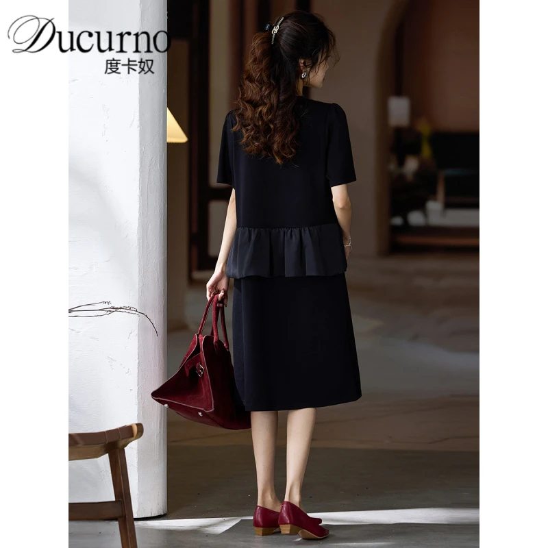 时尚黑色拼接连衣裙女夏季新款A字裙2025年大码休闲气质宽松裙子