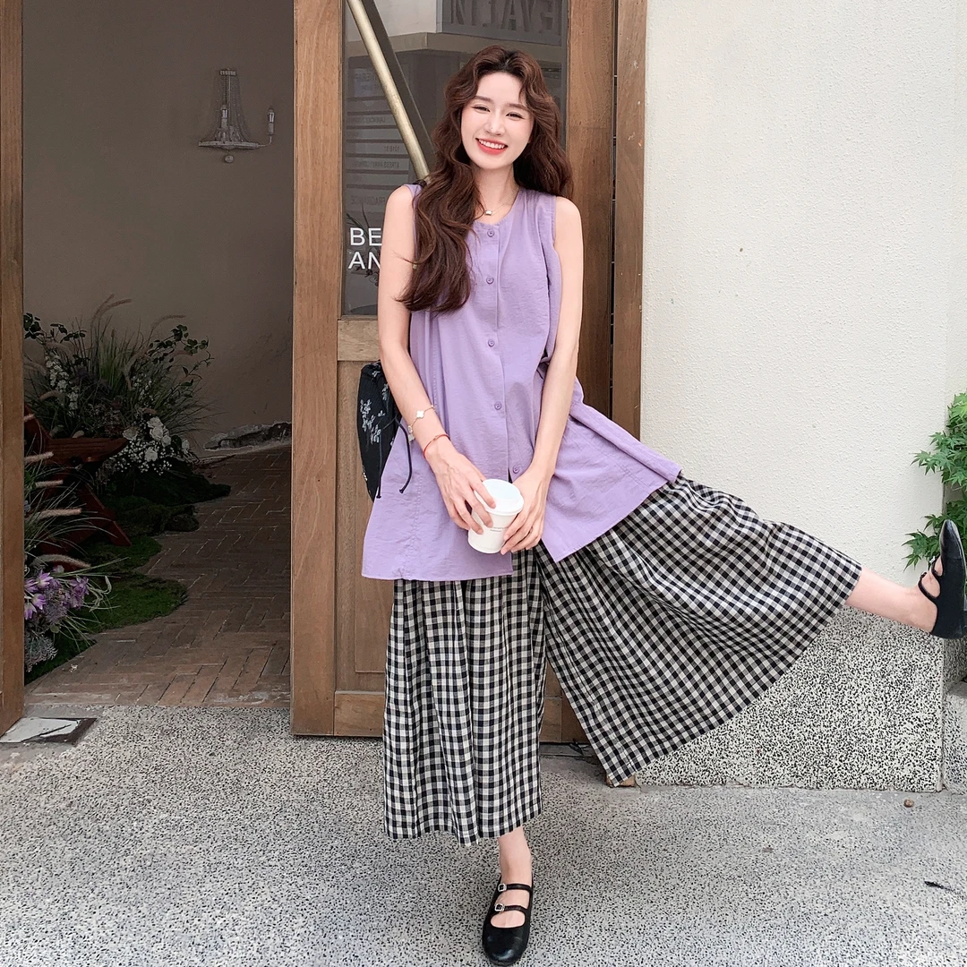 韩系松弛感无袖马甲套装裙女2025夏季慵懒风休闲格纹阔腿裤两件套