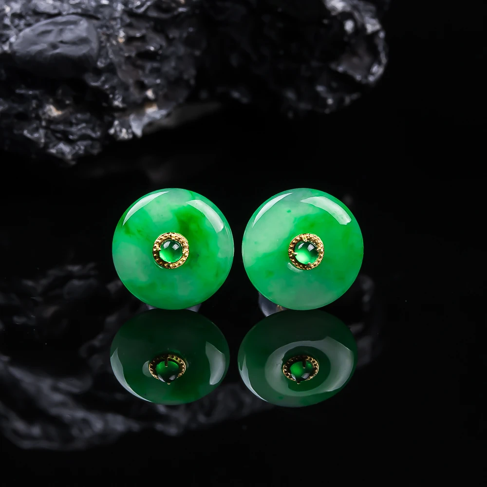 缅甸翡翠冰润飘阳绿平安环耳钉一对18k金镶嵌款耳坠天然A货