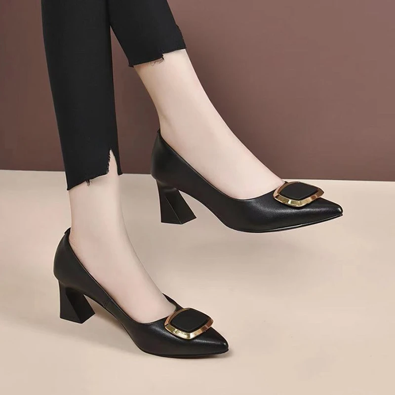 真皮粗跟高跟鞋软底女鞋春秋新款气质名媛尖头单鞋女中跟小皮鞋