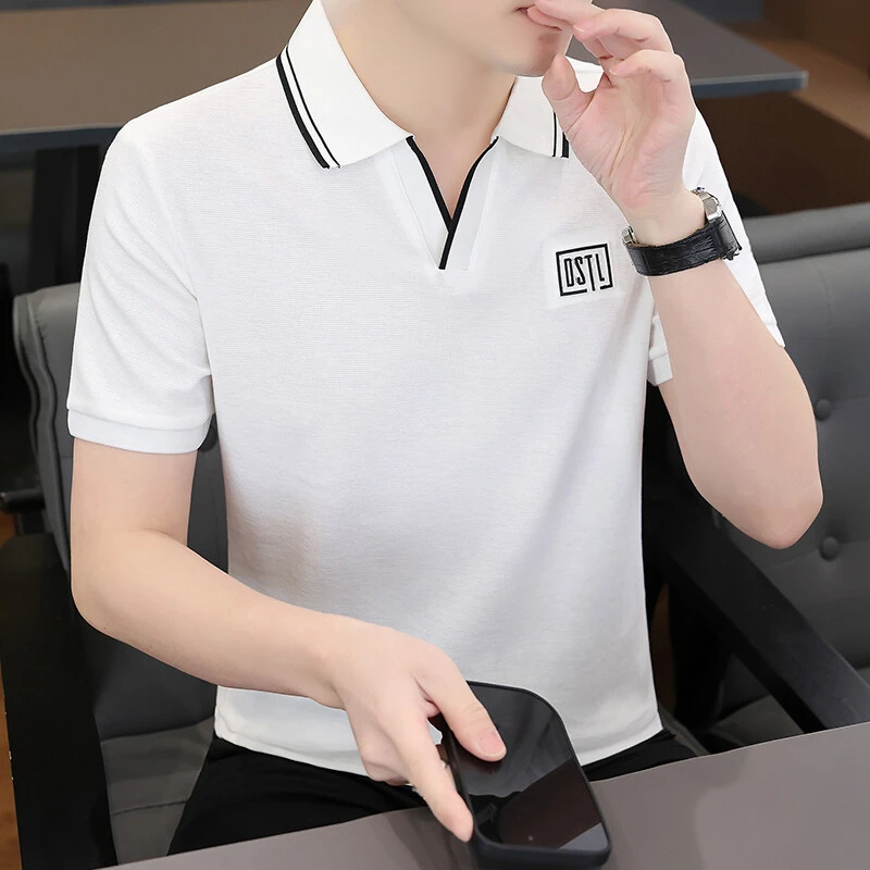 夏季男士休闲透气薄款半袖t恤翻领时尚百搭潮流上衣韩版纯色运动