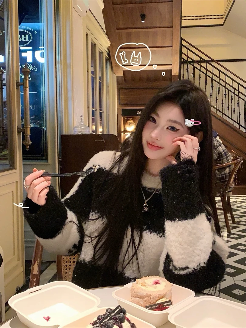 望野集Widset圣诞细闪黑白条纹毛衣冬慵懒高级宽松长袖针织12112#