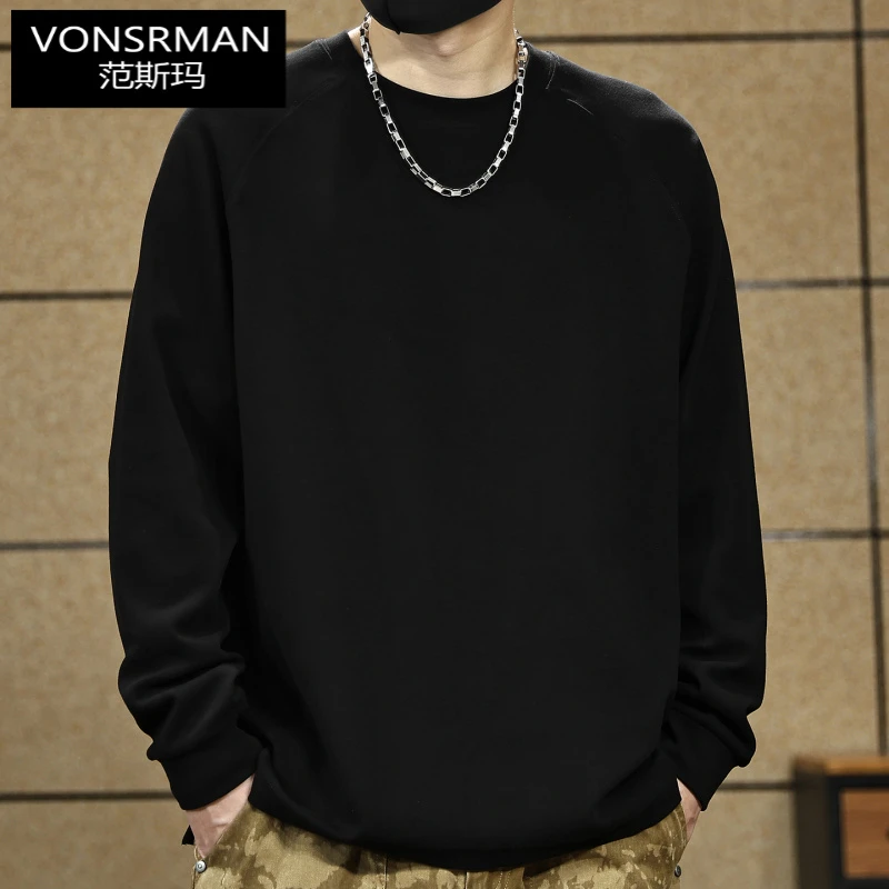 290克美式重磅白色长袖T恤男打底衫秋季内搭上衣服男装圆领卫衣