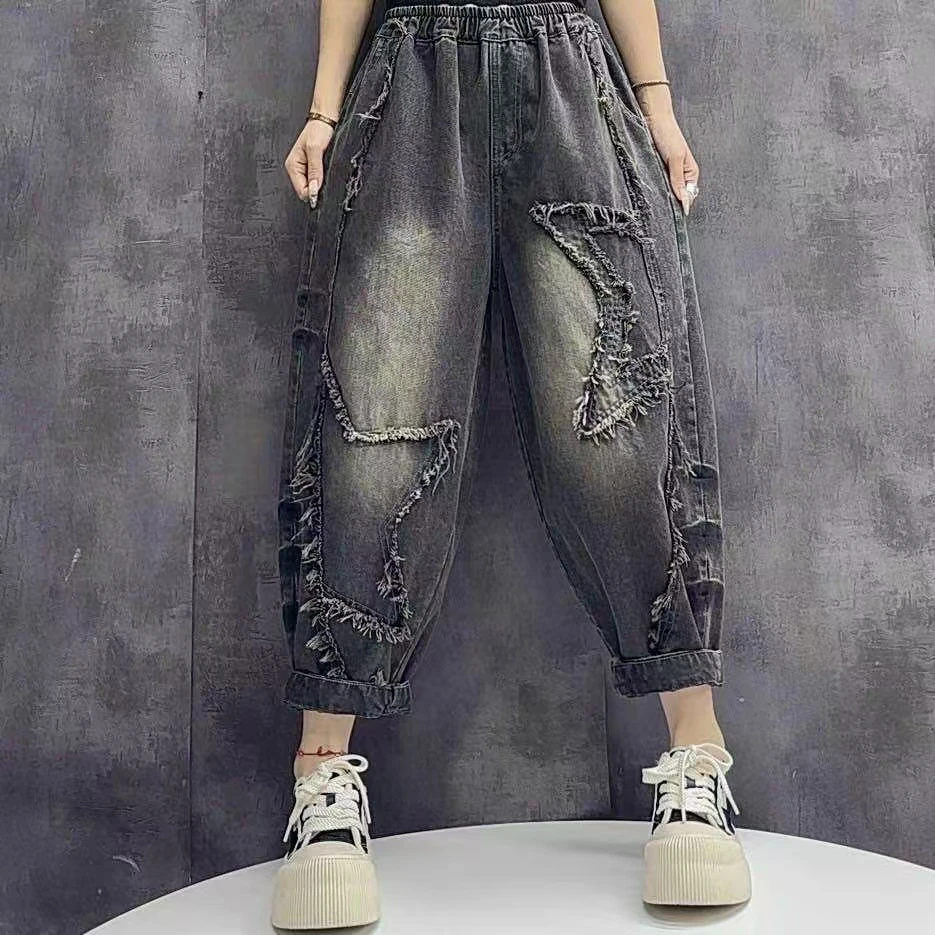 58323文艺拼接星星潮流时尚重工女牛仔裤显瘦哈伦宽松大码水洗