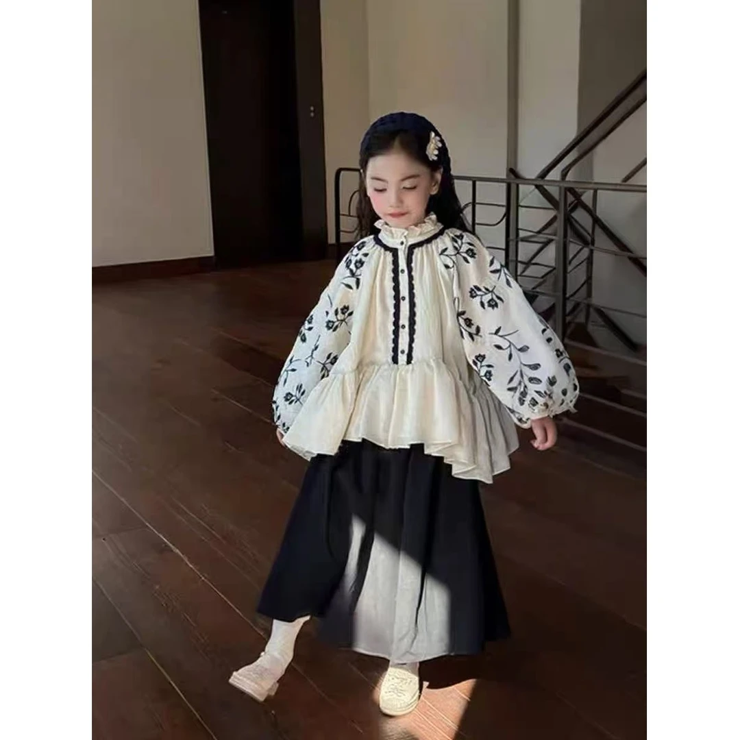 女童衬衫法式复古童装荷叶边刺绣重工衬衣裤子套装