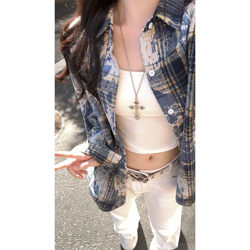 泼墨扎染绿色格子衬衫男款长袖春秋cleanfit衬衣高级美式外套