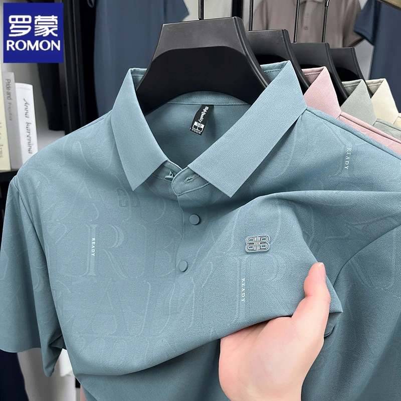 罗蒙夏季冰丝短袖T恤男翻领高端商务凉感POLO衫宽松中年爸爸体恤