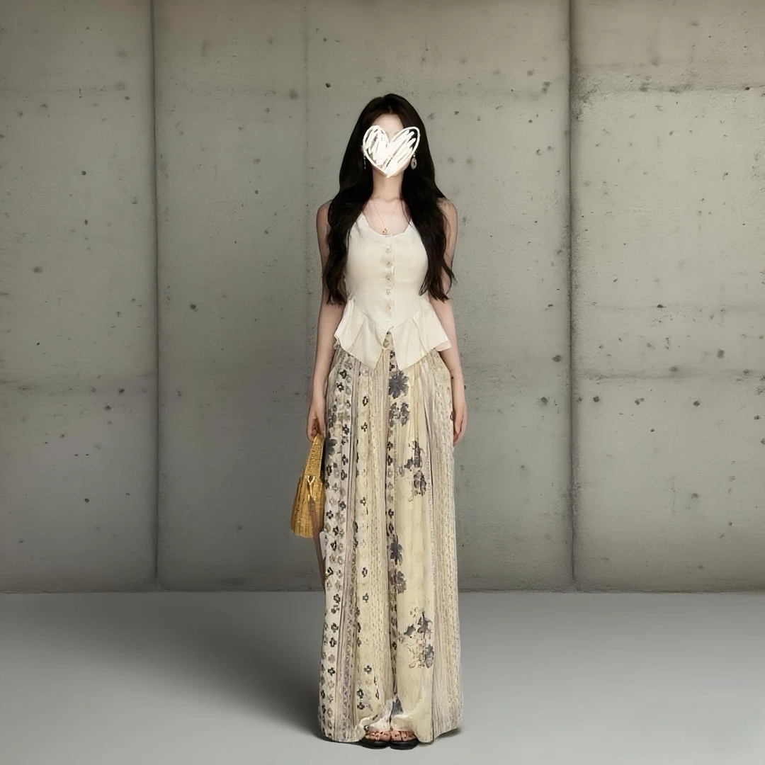 老钱风穿搭一整套女夏季复古松弛高级感马甲上衣休闲印花阔腿裤潮