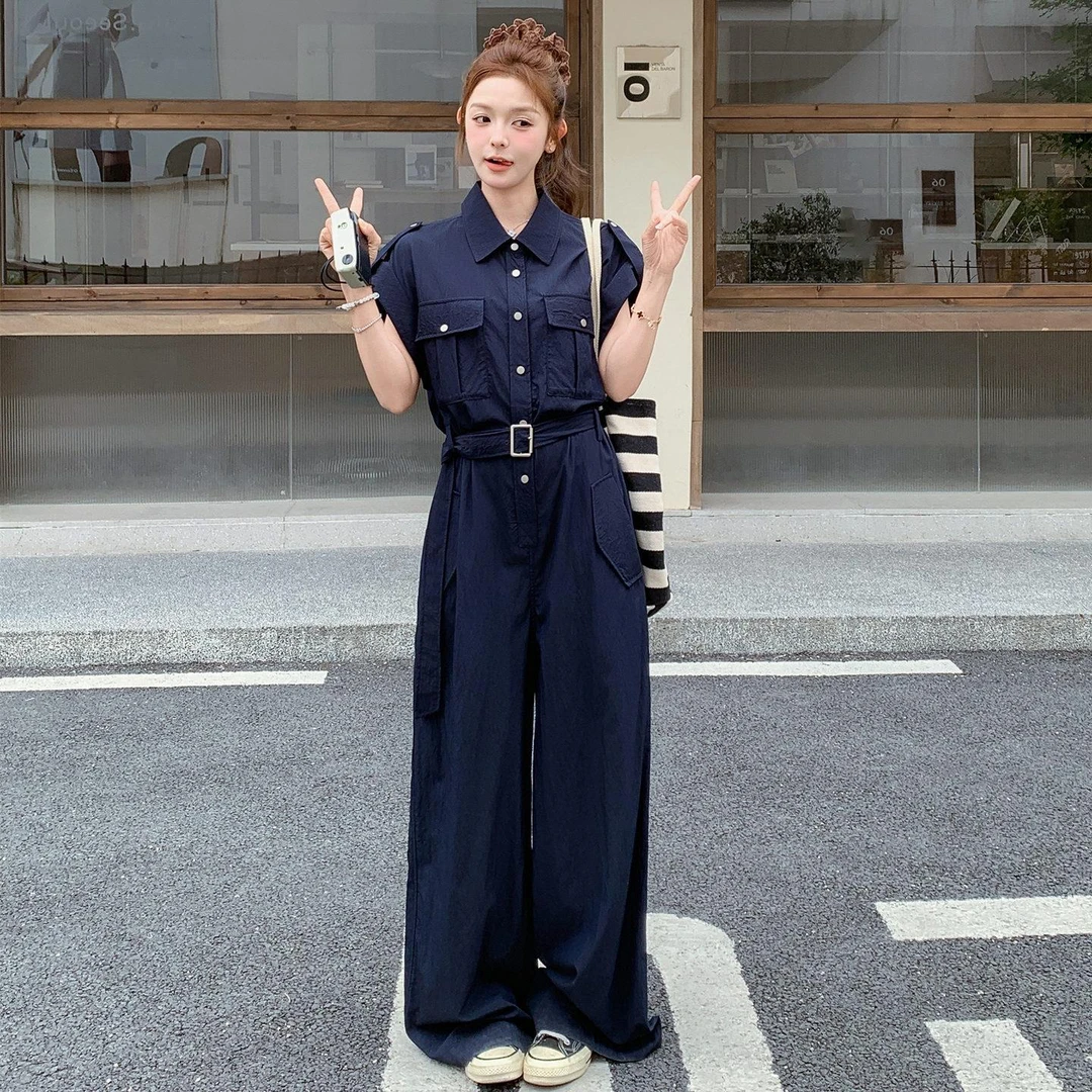 藏青色高级感复古工装polo领衬衫连身裤女夏新款高腰显瘦气质长版