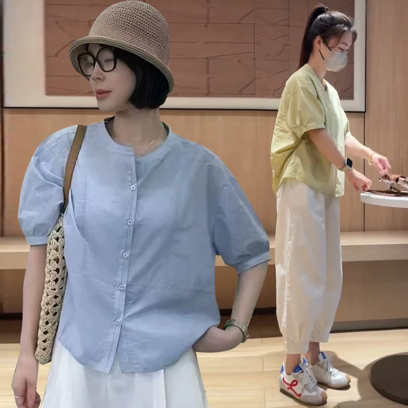 夏季薄款休闲圆领中袖衬衫女装2025夏季爆款流行减龄显瘦防晒小衫