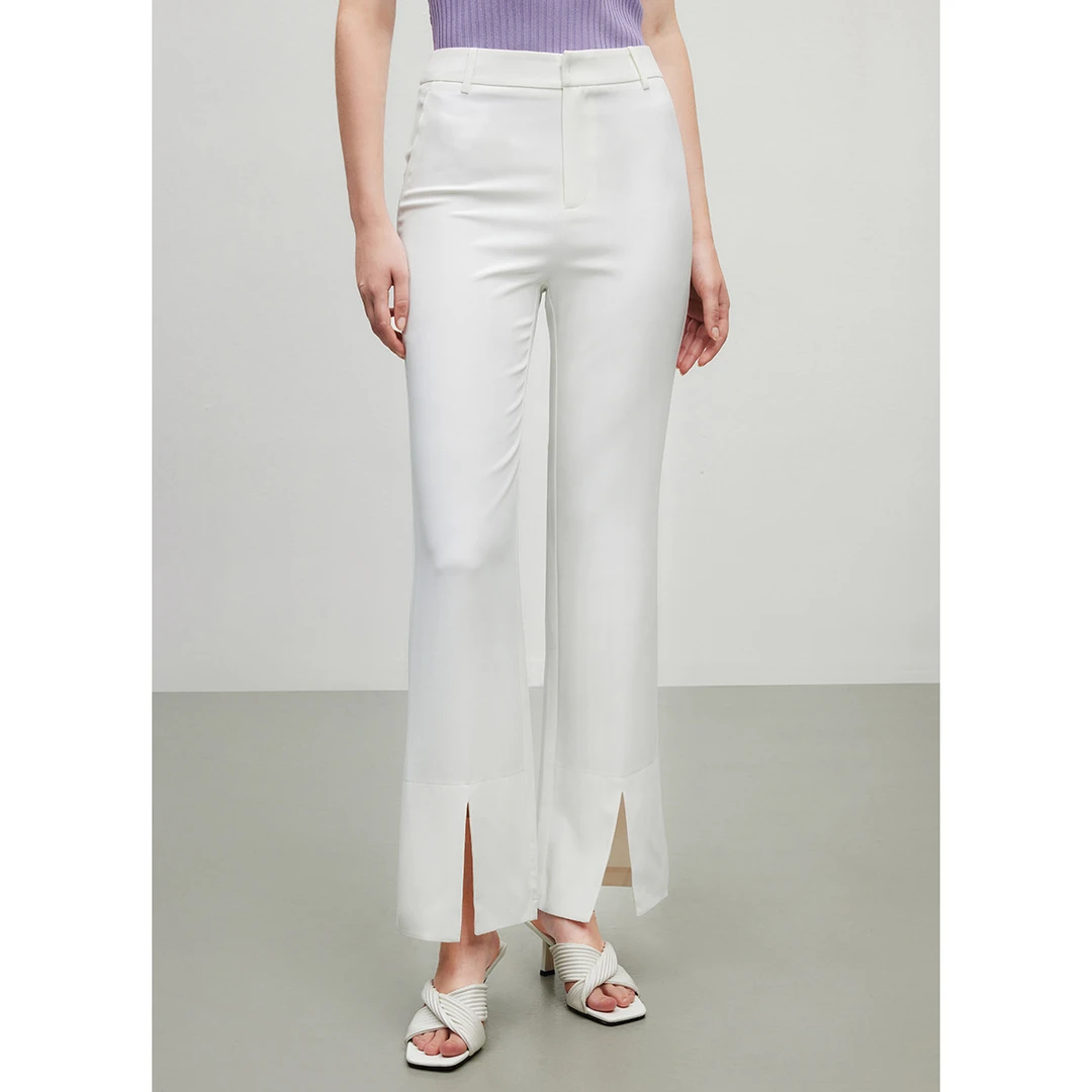 【曼德诗】时尚纯色休闲裤女秋季高腰垂感显瘦开叉造型感喇叭裤