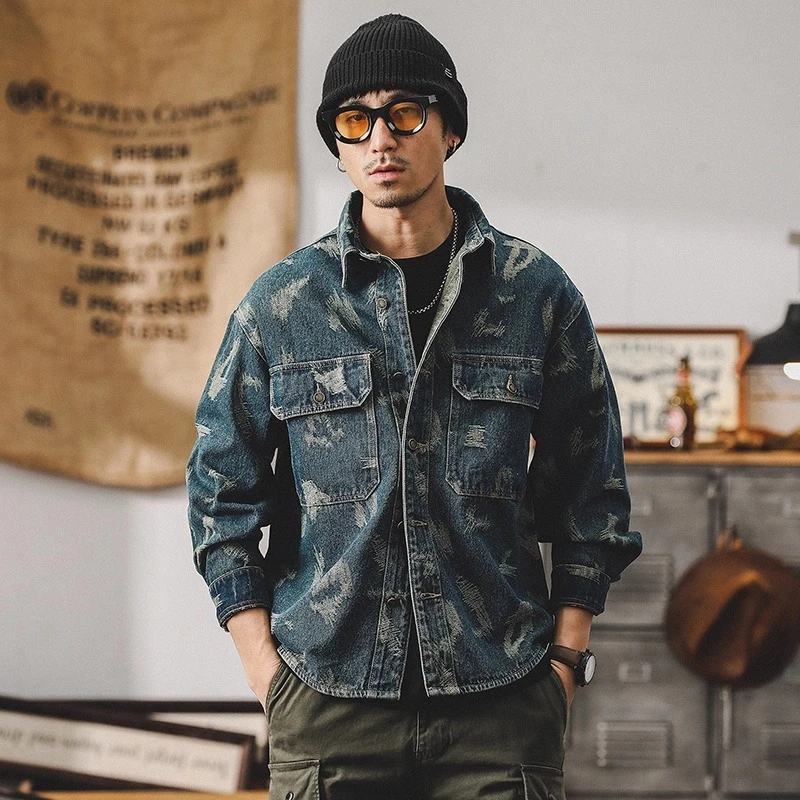 美式工装夹克男春季提花高级感衬衫男长袖石磨退浆复古牛仔外套男