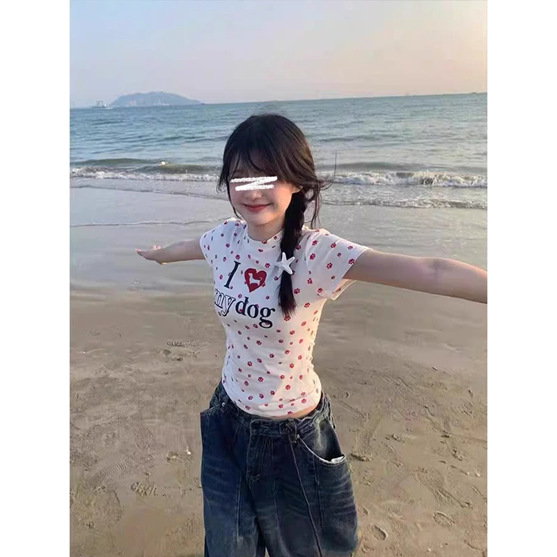 Moses Queen/魔西女王美式复古狗爪印花正肩短袖T恤辣妹显瘦上衣