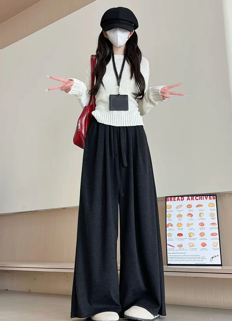 冬季加绒加厚慵懒风软弱糯米裤宽松高腰垂感直筒拖地阔腿休闲裤