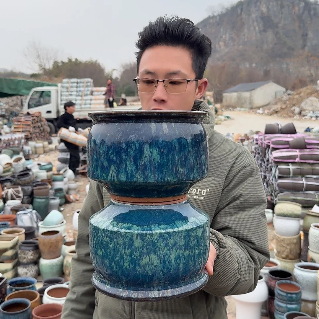 紫砂花盆口20高15（两个拼雪花绿