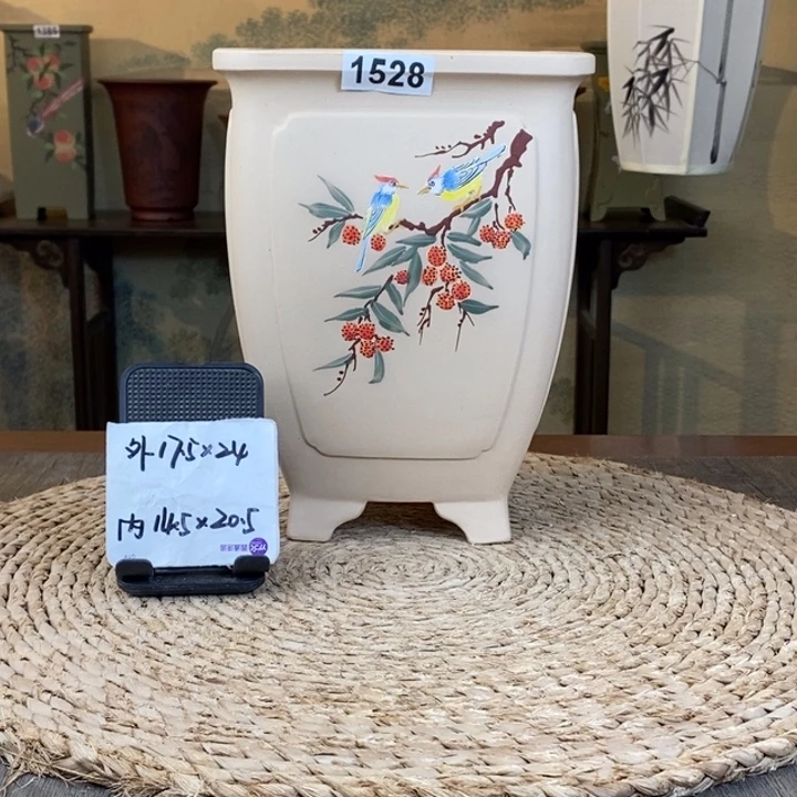 紫砂花盆  白玉段荔枝手绘奎面高四方1528