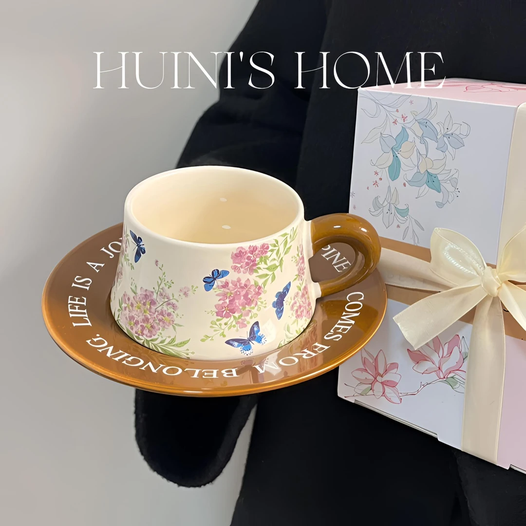 精致陶瓷复古原创高档小众设计油画紫薇花蝴蝶咖啡杯碟套装陶瓷