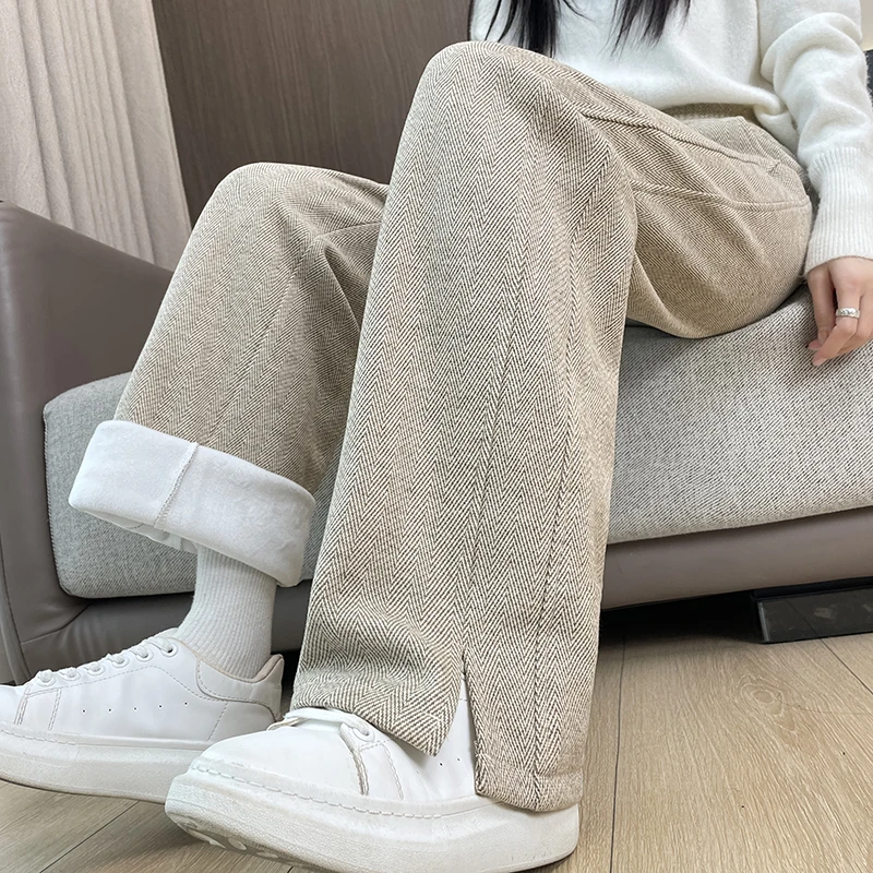 人字纹毛呢开叉香蕉阔腿裤女秋冬季九分大码加绒加厚直筒宽松长裤