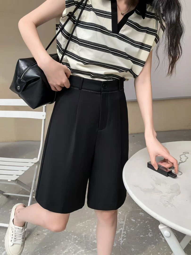 58867新款夏季高腰一粒扣明线设计百搭五分直筒裤黑色短裤五分裤