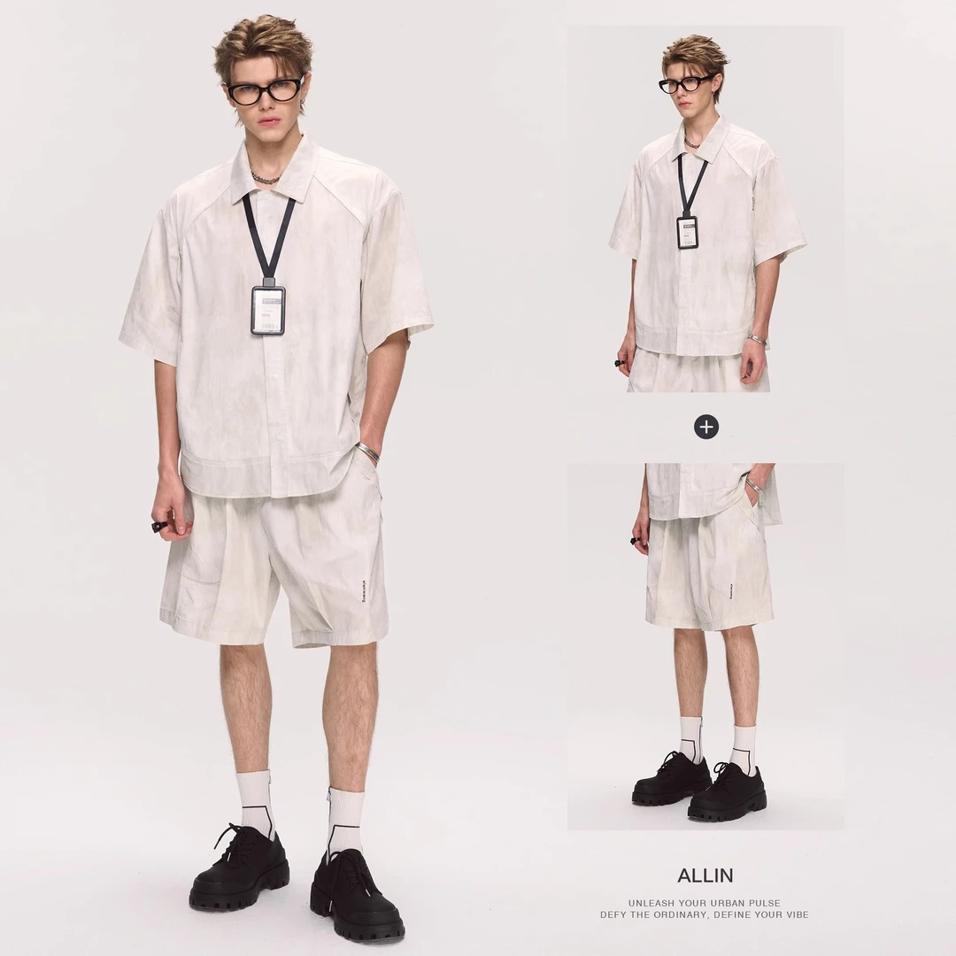 潮牌翻领短袖衬衫休闲短裤两件套男士夏季美式高级感轻奢运动套装