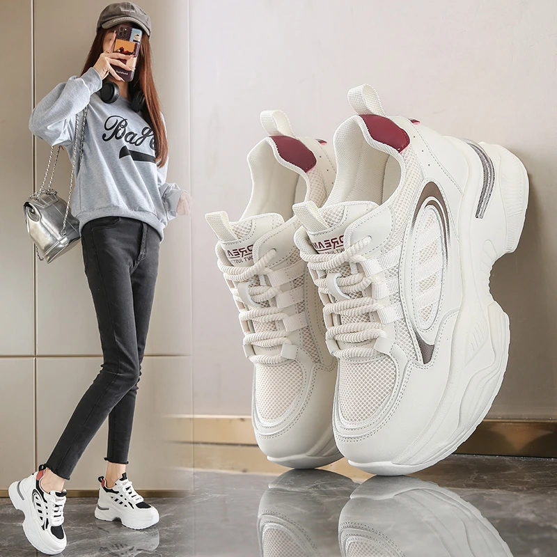 透气网面鞋显脚小2025女鞋新款厚底内增高小个子百搭休闲运动鞋