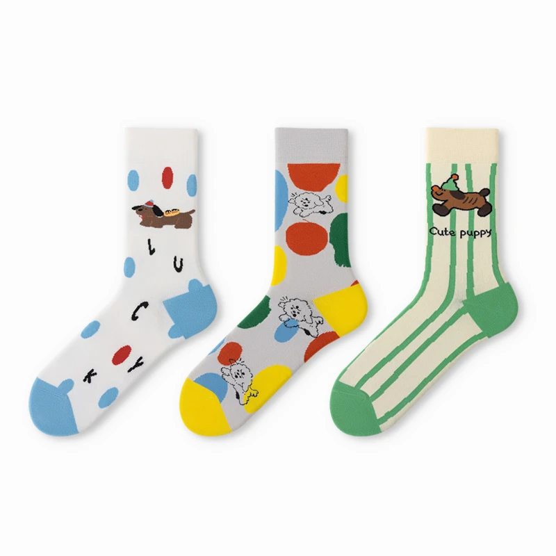 波点小狗 男女通穿 无骨缝头  四季可穿 中筒可爱潮袜