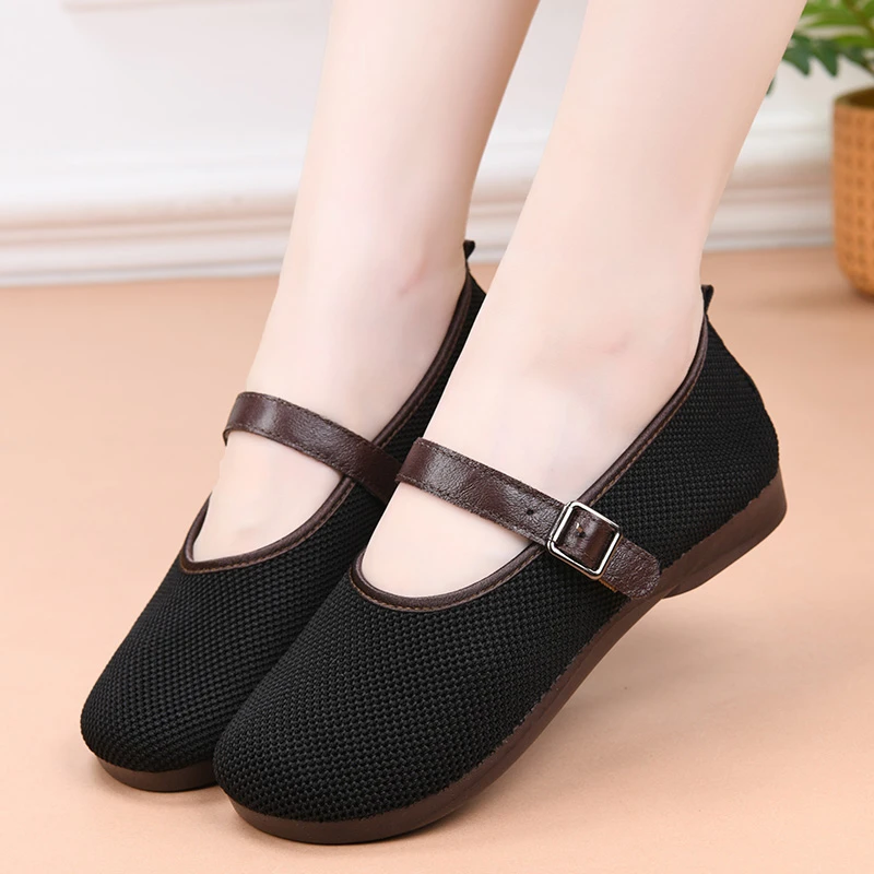 鞋子女休闲新款百搭复古软底外穿飞织网面圆头鞋平底单鞋女鞋舒适