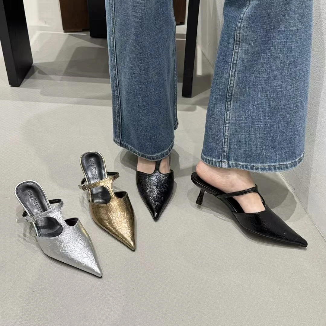 2025春夏新款包头法式细跟半拖鞋外穿复古T字带尖头高跟鞋女鞋子