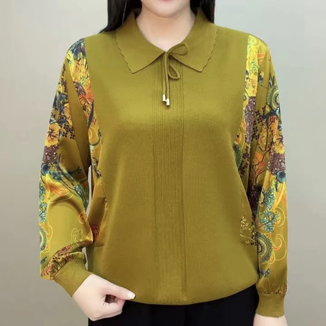 休闲百搭宽松减龄妈妈装2025春夏新款高档时尚洋气花袖拼接针织衫