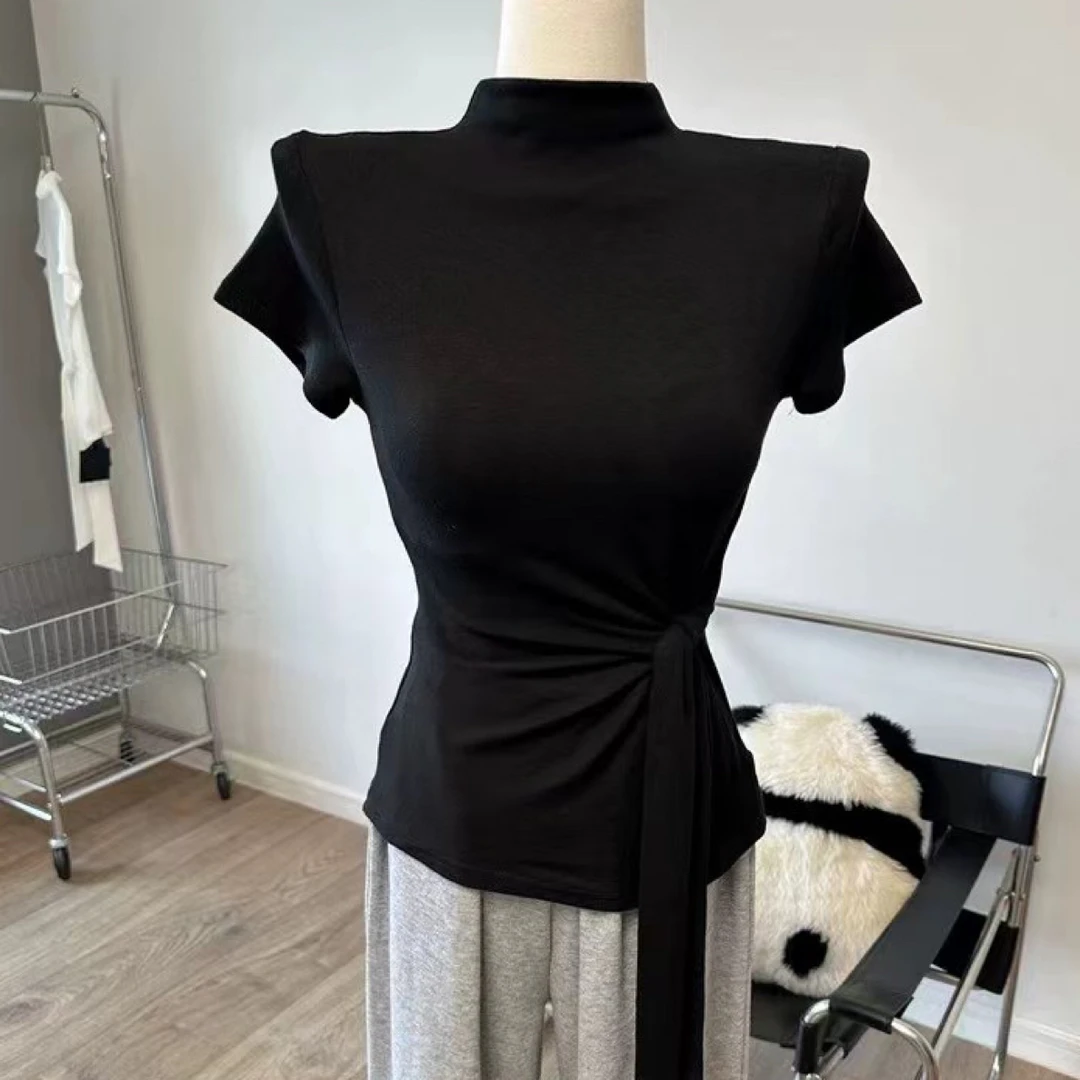 秋冬季设计款收腰包袖高领短袖T恤女显瘦内搭打底衫