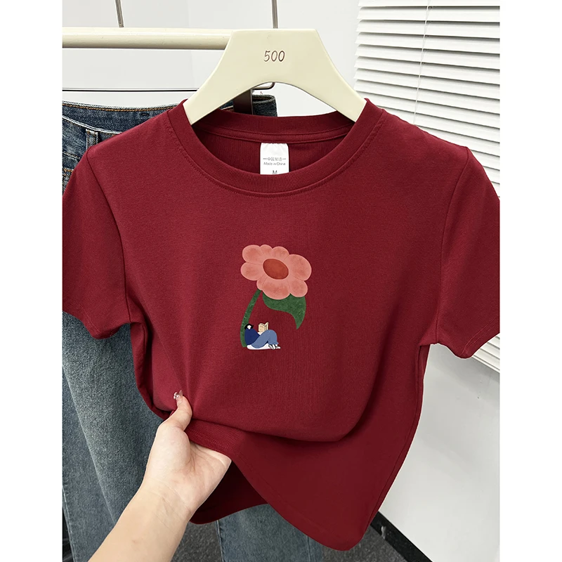 韩版时尚圆领洋气花朵印花显瘦正肩短袖T恤女装2025夏季新款上衣