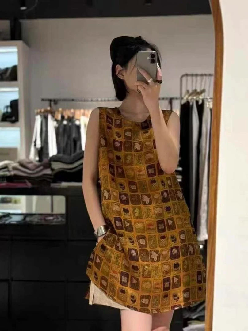 ZMR 胸100长72光泽感丝滑缎面圆领无袖长款背心上衣 9840