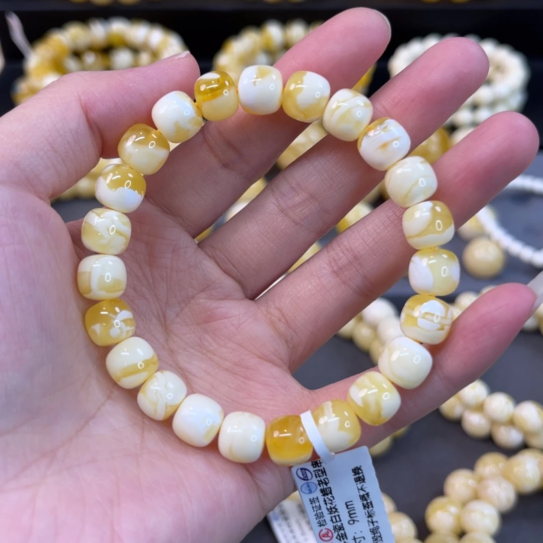 未镶嵌蜜蜡手串9mm同料金漆瓷白溶洞