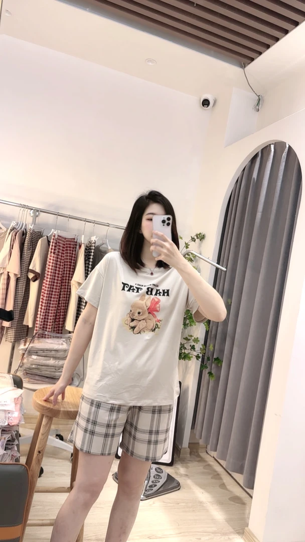 夏季爽棉睡衣女常规卡通格子休闲家居服套装舒适圆领女士睡衣套装