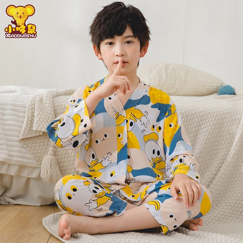 夏季男童长袖长裤棉绸睡衣套装宝宝薄款开衫夏天家居服儿童空调服