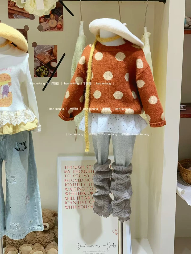女童秋季橘色波点套头针织衫2025秋装新款韩版童装女宝宝洋气毛衣