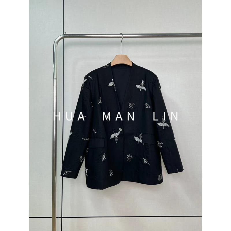 【花满林】V领一粒扣重工钉珠贴袋亚麻上衣00930