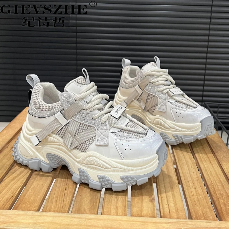 纪诗哲网面增高厚底老爹鞋女2025夏季新款时尚百搭透厚底增高老爹