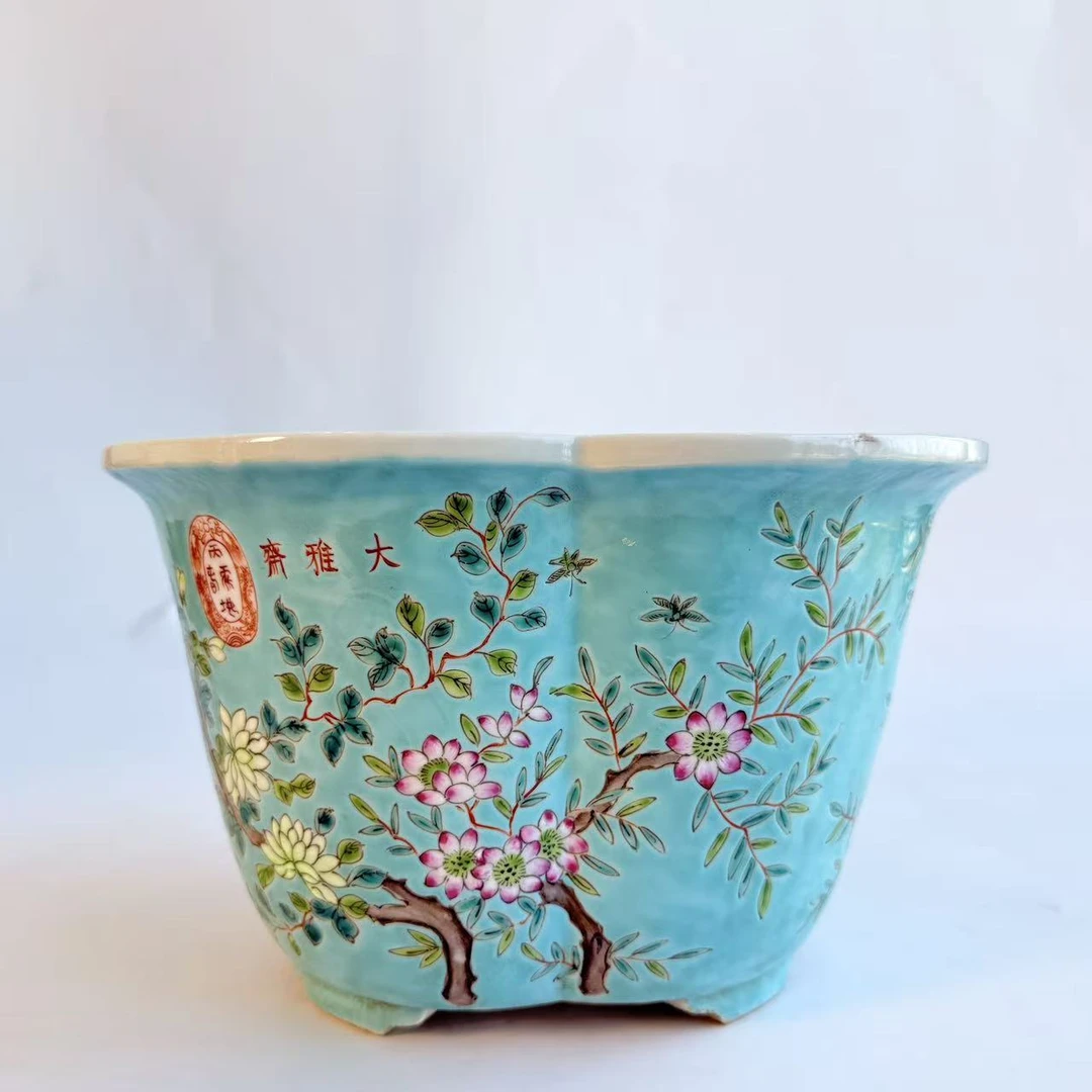JM47晚清民国-松石绿花卉葵口大花盆【古董拍卖】