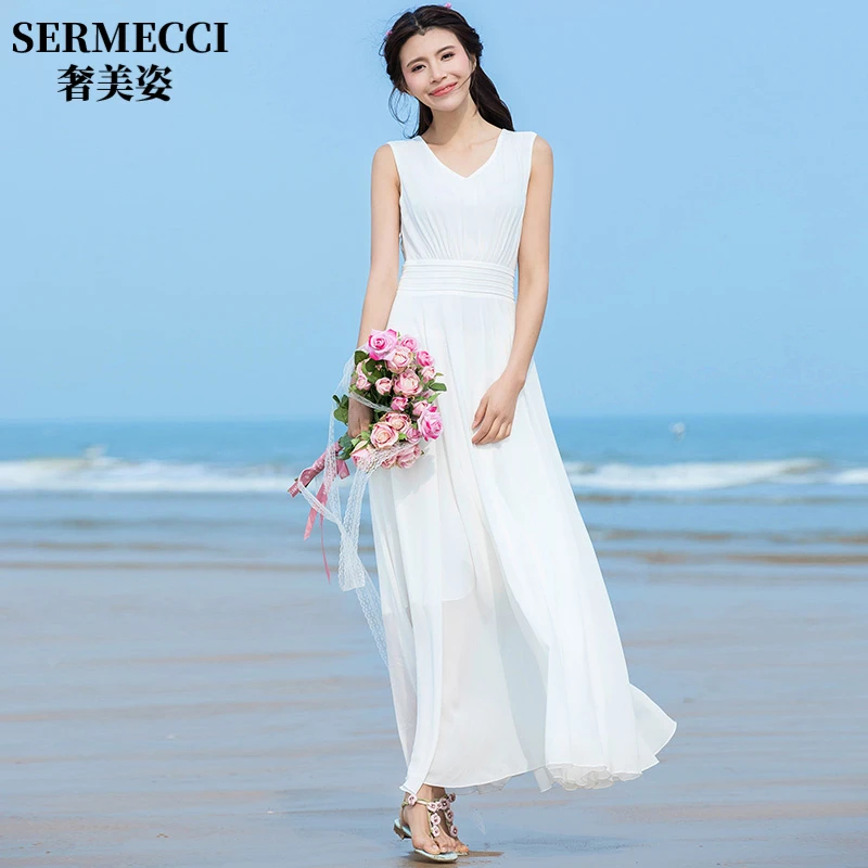 2025夏季新款无袖连衣裙夏时尚V领纯色修身长款沙滩裙长裙